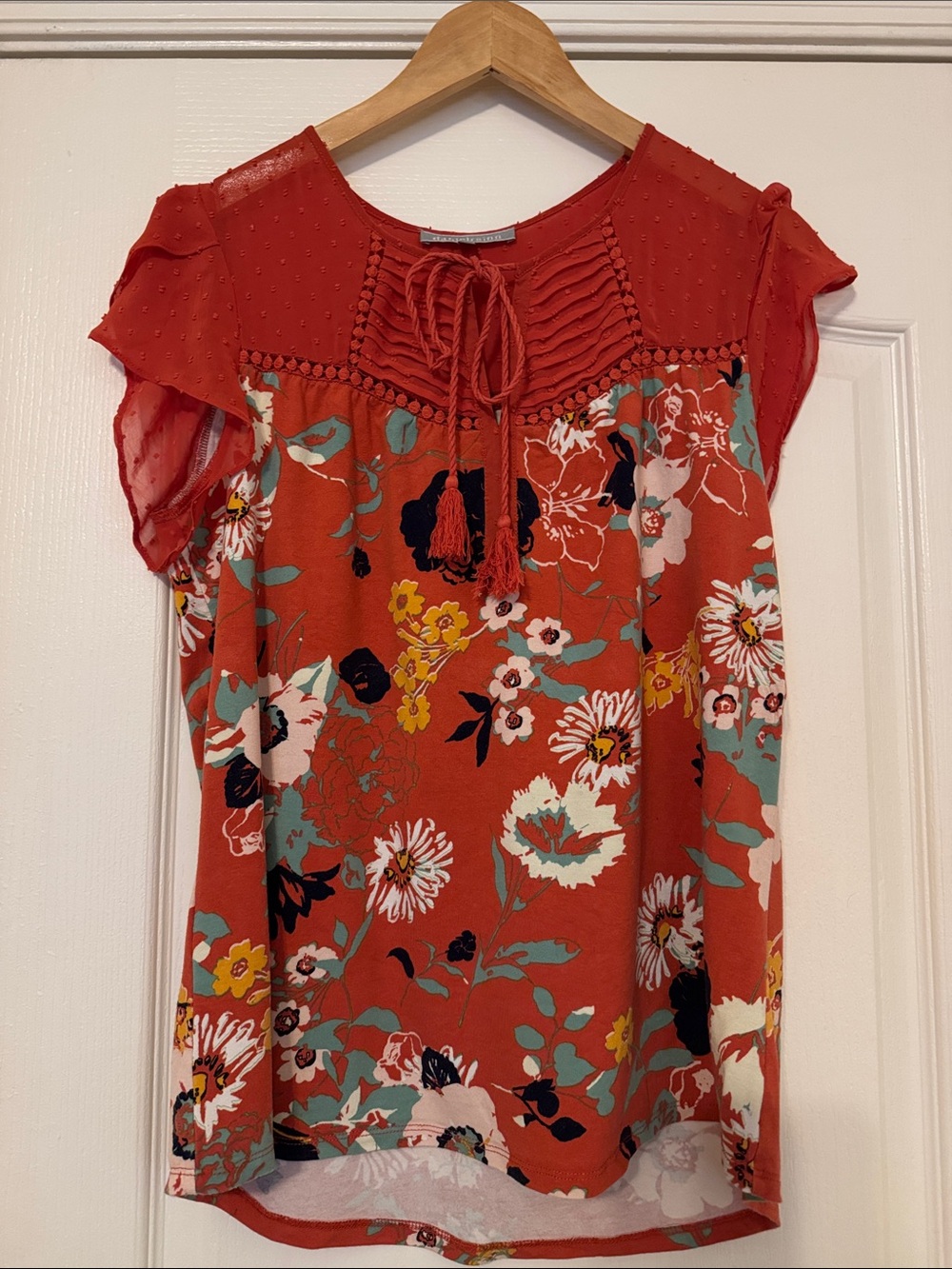 Daniel Rainn Orange Floral Tie-Front Blouse